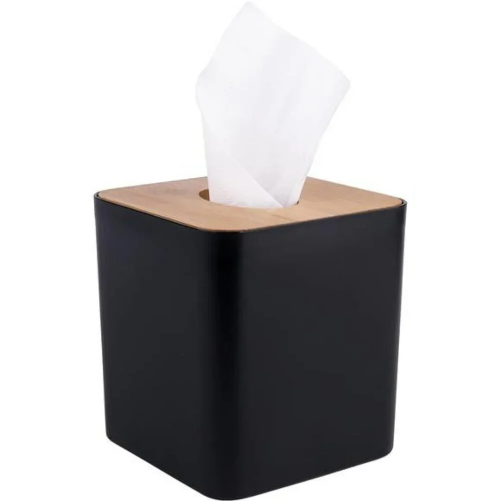Black tissue box cover with bamboo lid tissue holder for bathroom bedroom office